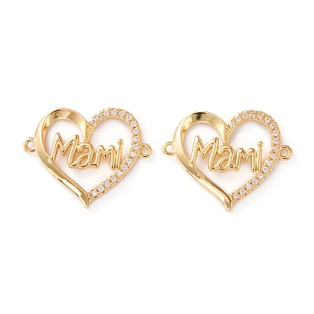 Brass Micro Pave Clear Cubic Zirconia Links, Long-Lasting Plated, for Mother's Day, Heart with Word Mami, Real 18K Gold Plated, 19x23x3mm, Hole: 1.2mm