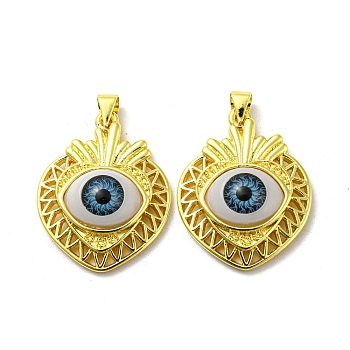 Real 18K Gold Plated Brass Pendants, Acrylic Evil Eye Charms, Heart, 28x22x7mm, Hole: 4x3.5mm