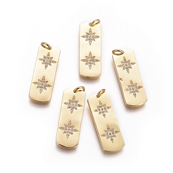Brass Pendants, with Micro Pave Cubic Zirconia and Jump Rings, Rectangle with Star, Clear, Golden, 26x9x1.5mm, Hole: 3mm