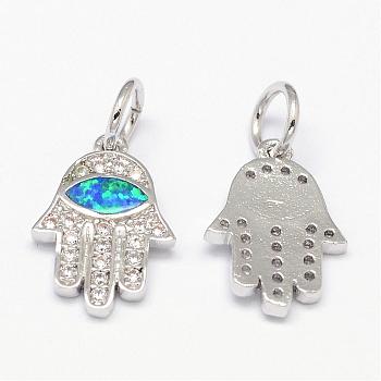 Brass Micro Pave Cubic Zirconia Charms, with Synthetic Opal, Hamsa Hand/Hand of Fatima/Hand of Miriam with Horse Eye, Platinum, 14.5x10x1.5mm, Hole: 4mm
