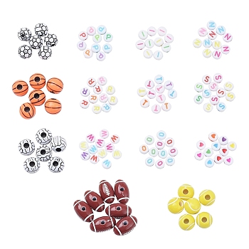 Acrylic Beads Set, Including Basketball & Football/Soccer Ball & Volleyball & Tennis & Rugby Craft Style Acrylic Beads, Flat Round Opaque & Horizontal Hole Letter Acrylic Beads, Mixed Color, 7~18x3.5~12mm, Hole: 1.8~4mm, 600pcs/bag