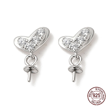 Rhodium Plated 925 Sterling Silver Stud Earring Findings, Heart Dangle Earrings, with Cubic Zirconia, for Half Drilled Beads, Real Platinum Plated, 10x7.5x2mm, Pin: 0.6mm