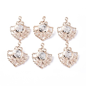 Rack Plating Iron Pendants, with Clear Glass Rhinestone, Flower Charms, Light Gold, 30x24x8.5mm, Hole: 1.5mm