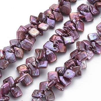 Natural Keshi Pearl Beads Strands, Cultured Freshwater Pearl, Dyed, Square, Old Rose, 9~20x9~12x3~6mm, Hole: 0.5mm, about 58~83pcs/strand, 15.75 inch(40cm)
