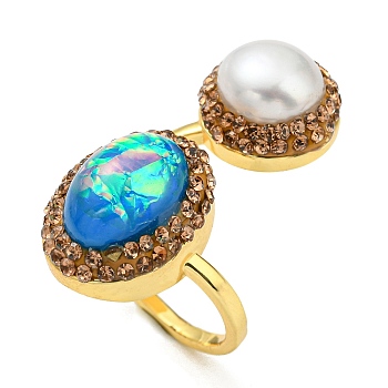 Resin Oval & Imitation Pearl Open Cuff Ring with Rhinestone, Brass Ring for Women, Golden, Inner Diameter: 18mm