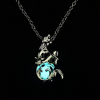 Luminous Alloy Locket Pendant Necklaces, Glow in the Dark, Mermaid, Deep Sky Blue, 18.42 inch(46.8cm)