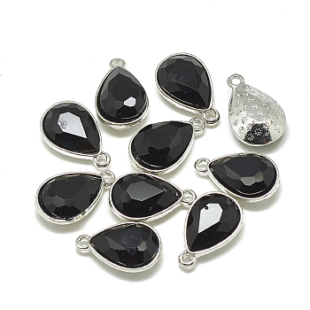 Alloy Glass Charms, Faceted, teardrop, Platinum, Black, 14.5x9x5mm, Hole: 1.5mm