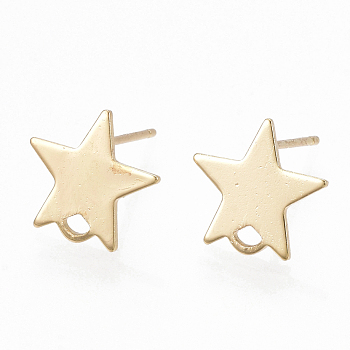 Brass Stud Earring Findings, with Loop and Flat Plate, Star, Real 18K Gold Plated, 11x11.5mm, Hole: 1.2mm, Pin: 0.7mm