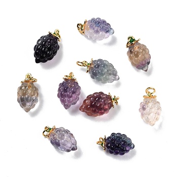 Autumn Theme Natural Fluorite Carved Pendants, with Golden Plated Brass Findings and Green Enamel, Grape, 18.5~20x11.5mm, Hole: 3.6mm