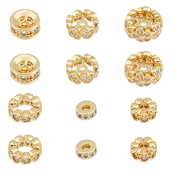12Pcs 6 Style Brass Micro Pave Cubic Zirconia Spacer Beads, Flat Round, Golden, 4~9x3~4mm, Hole: 1~4mm, 2pcs/style