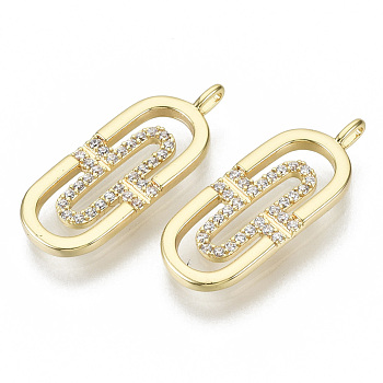 Brass Micro Pave Cubic Zirconia Pendants, Nickel Free, Paperclip, Clear, Real 18K Gold Plated, 22x8.5x2mm, Hole: 1mm