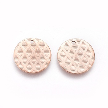 Ion Plating(IP) 304 Stainless Steel Charms, Textured, Flat Round with Grid Pattern, Rose Gold, 15x1mm, Hole: 1.2mm