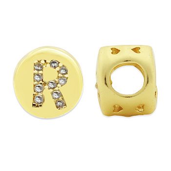 Brass Micro Pave Clear Cubic Zirconia Beads, Flat Round with Letter, Letter.R, 7.5x6.5mm, Hole: 3.5mm, 3pcs/bag