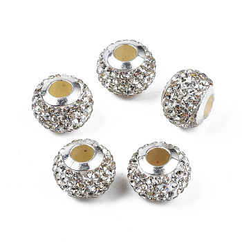 Handmade Polymer Clay Rhinestone European Beads, with Silver Tone CCB Plastic Double Cores, Large Hole Beads, Rondelle, Crystal, 12.5~13x10mm, Hole: 4.5mm