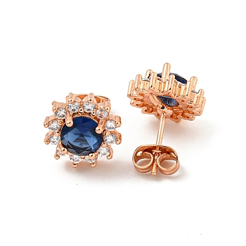 Flower Brass Micro Pave Clear Cubic Zirconia Stud Earrings, with Capri Blue Rhinestone for Women, Rose Gold, 11mm