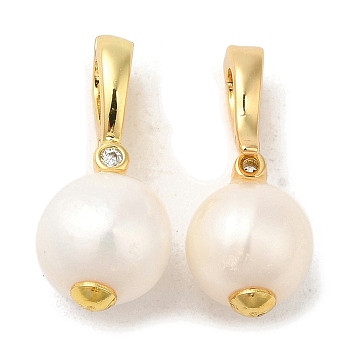 Rack Plating Brass Pendants, Natural Pearl
 with Cubic Zirconia, Lead Free & Cadmium Free, Long-Lasting Plated, Real 18K Gold Plated, 19x8.5mm, Hole: 4.5x3mm