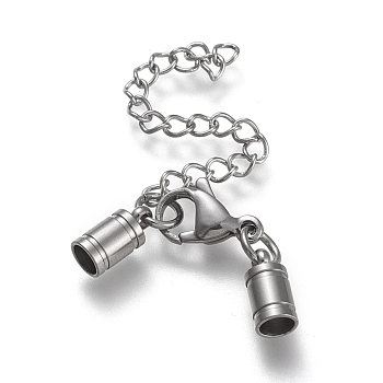 304 Stainless Steel Chain Extender, with Cord Ends, Curb Chains and Lobster Claw Clasps, Stainless Steel Color, 37mm long, Cord Ends: 10.5x4.5mm, 3.5mm inner diameter