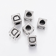 304 Stainless Steel Large Hole Letter European Beads, Cube with Letter.D, Antique Silver, 8x8x8mm, Hole: 5mm(STAS-H428-01AS-D)