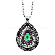 Glass Teardrop with Mandala Flower Pendant Necklace with Ball Chains, Platinum Alloy Jewelry for Women, Pale Green, 23.62 inch(60cm)(MAND-PW0001-08J)