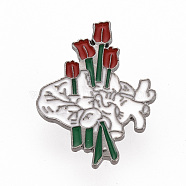 Rack Plating Alloy Enamel Brooches, Enamel Pins, with Brass Butterfly Clutches, Cerebrum with Flower, Cadmium Free & Nickel Free & Lead Free, Gunmetal, White, 35.5x27mm, Pin: 1mm(JEWB-S011-154-NR)