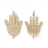 Brass Micro Pave Clear Cubic Zirconia Connector Charms, Religion, Hamsa Hand/Hand of Miriam Links, Real 18K Gold Plated, 25.5x16x2mm, Hole: 1mm(KK-E068-VC077)