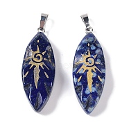 Dyed Natural Lapis Lazuli Gold Sun Pattern Pendants, Horse Eye Charms, with Rack Plating Platinum Plated Brass Snap on Bails, Lead Free & Cadmium Free, 42.5~43.5x15.5x7.5~8.5mm, Hole: 8x5mm(G-L524-14P-06)