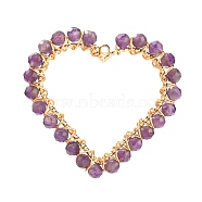 Heart Natural Faceted Amethyst Pendants, Wire Wrapped Pendants, with Brass Findings and Eco-Friendly Copper Wire, Golden, 39x42x4mm, Hole: 1.8mm(PALLOY-JF00511-02)