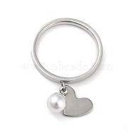 Dual-use Items, 304 Stainless Steel Finger Rings or Pendants, with Plastic Round Beads, Heart, White, Stainless Steel Color, US Size 5~9(15.7~18.9mm)(RJEW-O045-13-P)