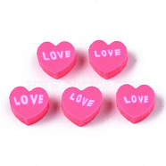 Handmade Polymer Clay Beads, Heart with Word Love, Hot Pink, 8~8.5x9~9.5x4.5mm, Hole: 1.8mm(X-CLAY-N008-032E)