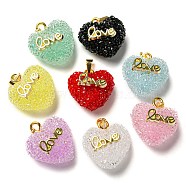 Druzy Resin Pendants, Word Love Heart Charms with Rack Plating Golden Tone Brass Snap on Bails, Long-Lasting Plated, Cadmium Free & Lead Free, Mixed Color, 21x19.5x13.5mm, Hole: 3x6mm(RESI-G086-03G)