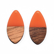 Transparent Resin & Walnut Wood Pendants, Teardrop Shape Charm, Coral, 38x18x3mm, Hole: 2mm(RESI-N025-032-C07)