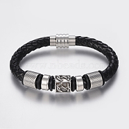 Braided Leather Cord Bracelets, with 304 Stainless Steel Findings and Magnetic Clasps, Black, 8-5/8 inch(220mm), 20x11.5mm(BJEW-H560-26)