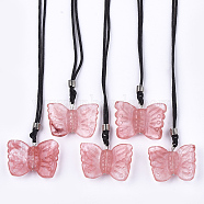 Watermelon Stone Glass Pendant Necklaces, with Polyester Cords and Iron & Brass Findings, Butterfly, 14.1 inch~29.9 inch(36~76cm), 1.5mm, Pendant: 21~24x29~34x7~8mm(G-T113-07C-B)