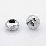 Full Plated Electroplate Glass Beads, Large Hole Rondelle Beads, Faceted, Silver Plated, 14x8mm, Hole: 6mm(GPDL-J028-FP02)