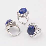 Natural Lapis Lazuli Finger Rings, with Brass Ring Finding, Platinum, Oval, Size 8, 18mm(X-RJEW-P122-18)