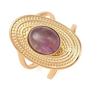 Oval Natural Amethyst Finger Rings, Ion Plating(IP) 304 Stainless Steel Cuff Rings for Women, Soldered, Real 14K Gold Plated, 24mm, Gemstone: 11.5x9.5mm, Adjustable(RJEW-Z057-14G-03)