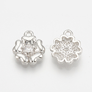 Brass Micro Pave Cubic Zirconia Charms, Flower, Nickel Free, Real Platinum Plated, 10x8.5x2mm, Hole: 1mm(X-ZIRC-Q014-008P)
