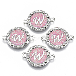 Alloy Enamel Links Connectors, with Crystal Rhinestones, Flat Round with Letter, Silver Color Plated, Letter.W, 22x16x2mm, Hole: 1.8mm(ENAM-TAC0003-01S-03W)