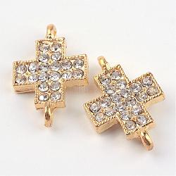 Alloy Rhinestone Links connectors, Cross, Golden, 19.5x12.5x4mm, Hole: 2mm(ALRI-Q065-08G)