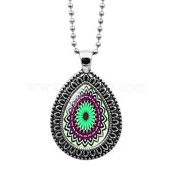 Glass Teardrop with Mandala Flower Pendant Necklace with Ball Chains, Platinum Alloy Jewelry for Women, Pale Green, 23.62 inch(60cm)(MAND-PW0001-08J)