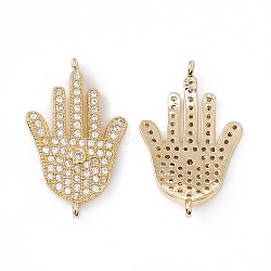Brass Micro Pave Clear Cubic Zirconia Connector Charms, Religion, Hamsa Hand/Hand of Miriam Links, Real 18K Gold Plated, 25.5x16x2mm, Hole: 1mm(KK-E068-VC077)
