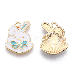 Eco-Friendly Zinc Alloy Pendants, with Enamel, Cadmium Free & Nickel Free & Lead Free, Rabbit with Bowknot, Light Gold, Sky Blue, 20x15x2.5mm, Hole: 2mm(FIND-N048-57C-NR)