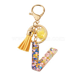 Alloy Resin Polygon Keychains, with Lobster Claw Clasps, Golden, with Glitter Powder, Letter V, 99mm(KEYC-TADJ0002-03G-V)