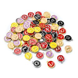 (Defective Closeout Sale)Platinum & Golden Plated Alloy Enamel Charms, Cadmium Free & Lead Free, Flat Round with Random Letter, Mixed Color, 14x12x2mm, Hole: 1.5mm(ENAM-XCP0001-42PG)
