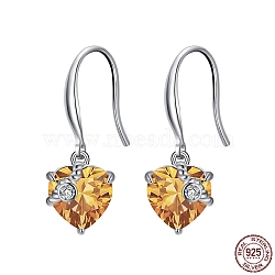 Cubic Zirconia Heart Dangle Earrings, Real Platinum Plated Rhodium Plated 925 Sterling Silver Earrings for Women, Goldenrod, 26mm(EJEW-P231-46P-10)