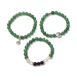 Tree of Life & Lotus Stretch Bracelets Set for Men Women, Natural Green Aventurine & Amethyst & Synthetic Moonstone Beads, Inner Diameter: 2-1/8 inch(5.5cm), 3pcs/set(BJEW-JB06723)