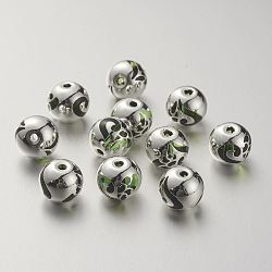 K9 Glass Beads, Covered with Brass, Round with Heart Pattern, 925 Sterling Silver Plated, Lawn Green, 10.2x9.2mm, Hole: 1.5mm(X-GLAA-G067-09S-04)