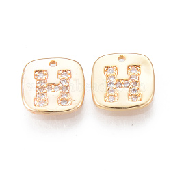 Brass Micro Clear Cubic Zirconia Charms, Round Corner Square with Word H, Nickel Free, Real 18K Gold Plated, 8.5x8.5x1.5mm, Hole: 0.8mm(KK-R116-036-NF)