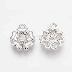 Brass Micro Pave Cubic Zirconia Charms, Flower, Nickel Free, Real Platinum Plated, 10x8.5x2mm, Hole: 1mm(X-ZIRC-Q014-008P)