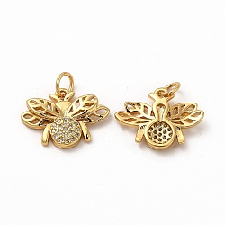 Rack Plating Brass Micro Pave Cubic Zirconia Pendants, Bees Charm, with Jump Ring, Real 18K Gold Plated, 17x12.5x3mm, Hole: 3.7mm(ZIRC-K089-01G)
